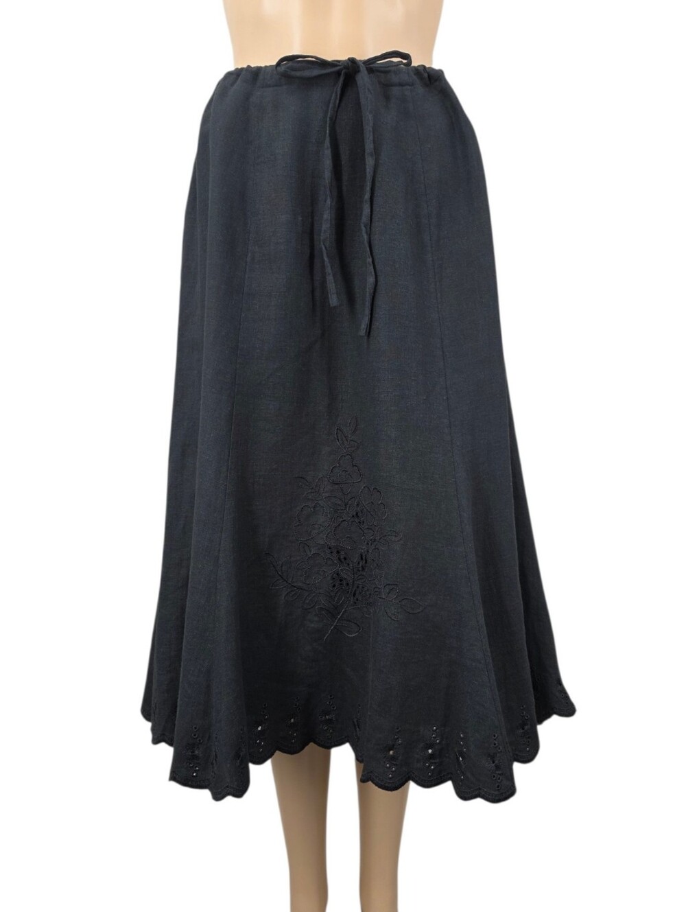 Vintage Linen Blend Black Midi Length Skirt Scalloped Hem Embroidered Eyelet